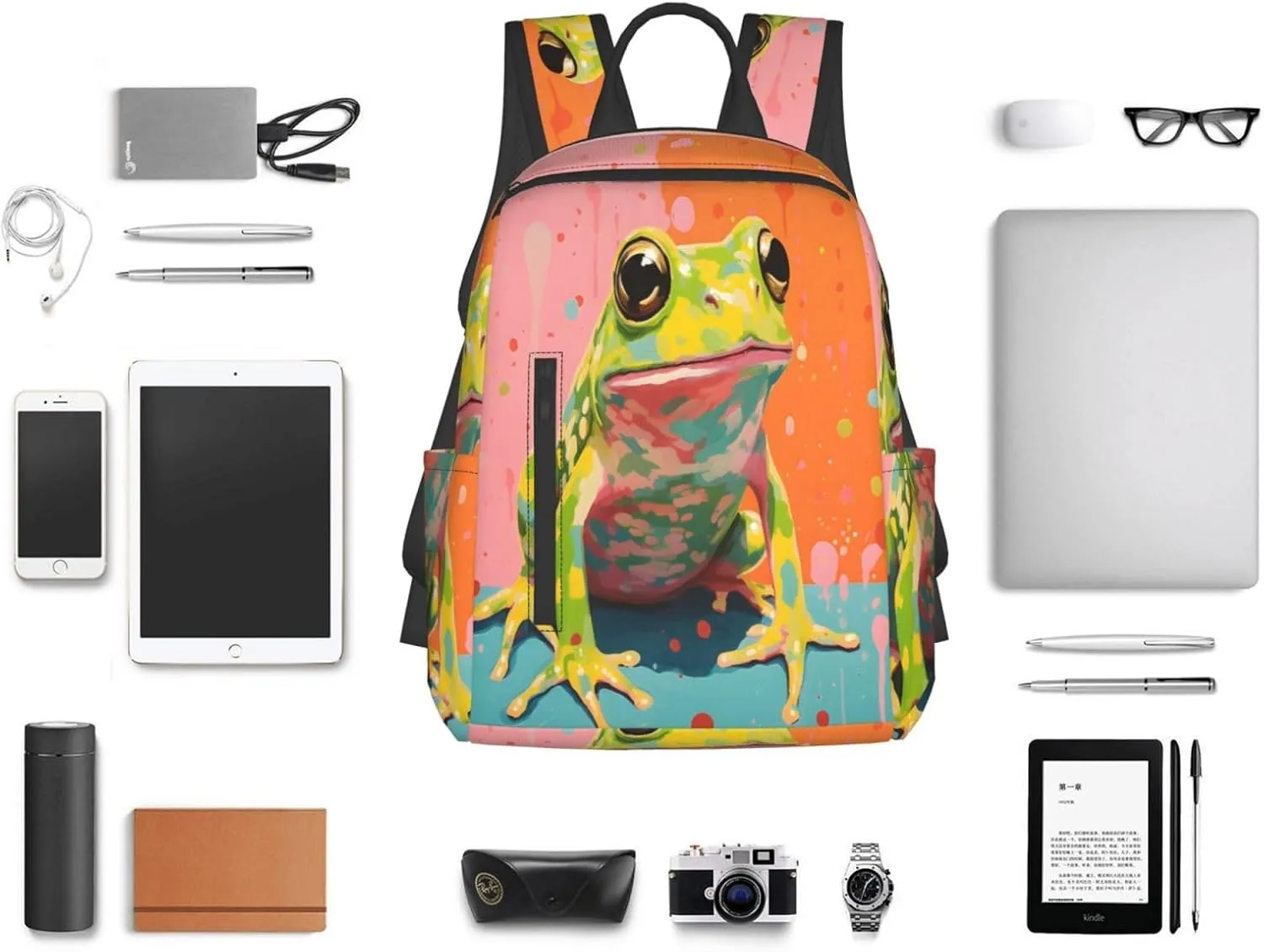 Backpack For Women Men Colorful Frog Art Painting Bookbag Lightweight Travel Casual Daypack Water Resistant Outdoor Hiking Sport Rucksack