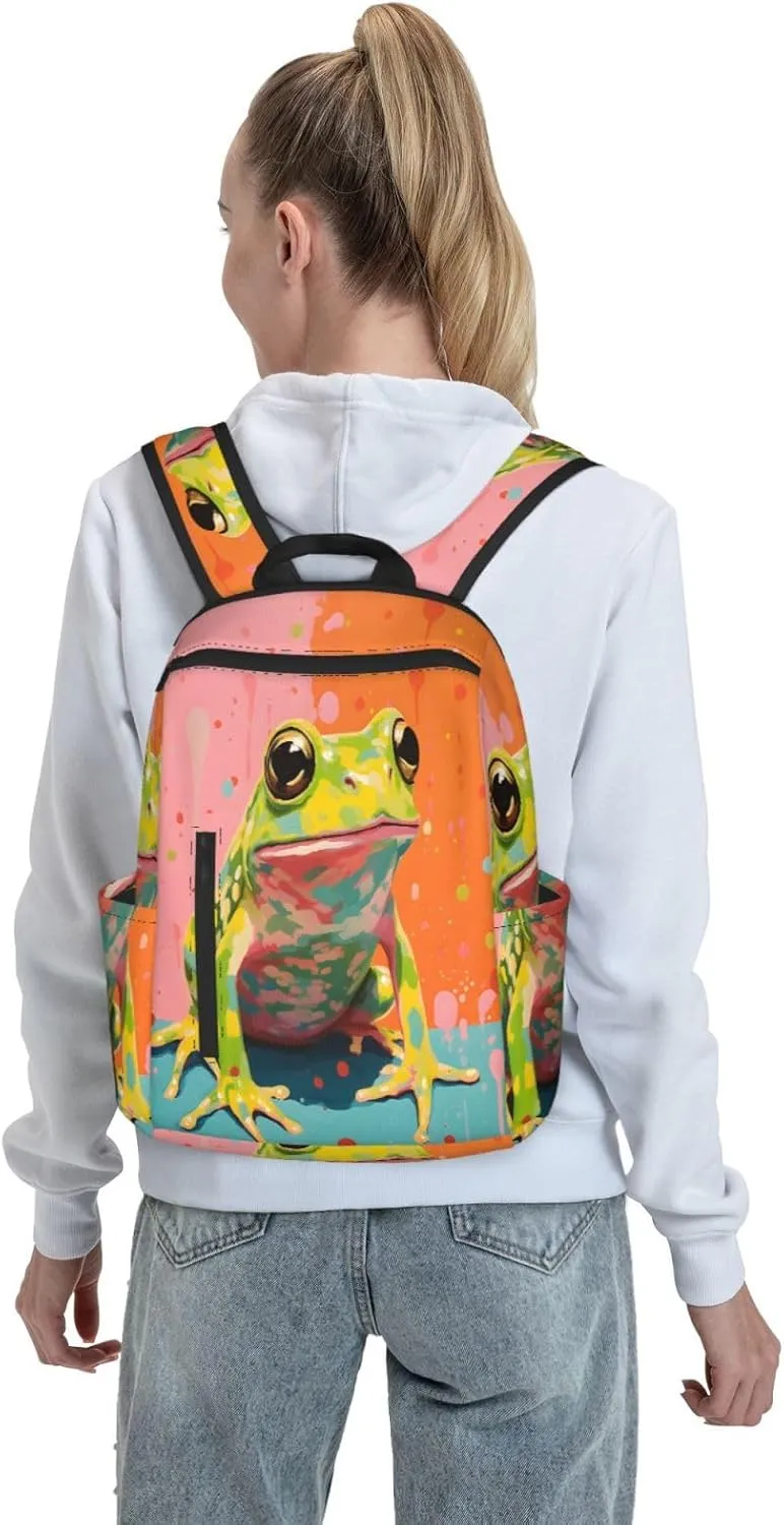Backpack For Women Men Colorful Frog Art Painting Bookbag Lightweight Travel Casual Daypack Water Resistant Outdoor Hiking Sport Rucksack