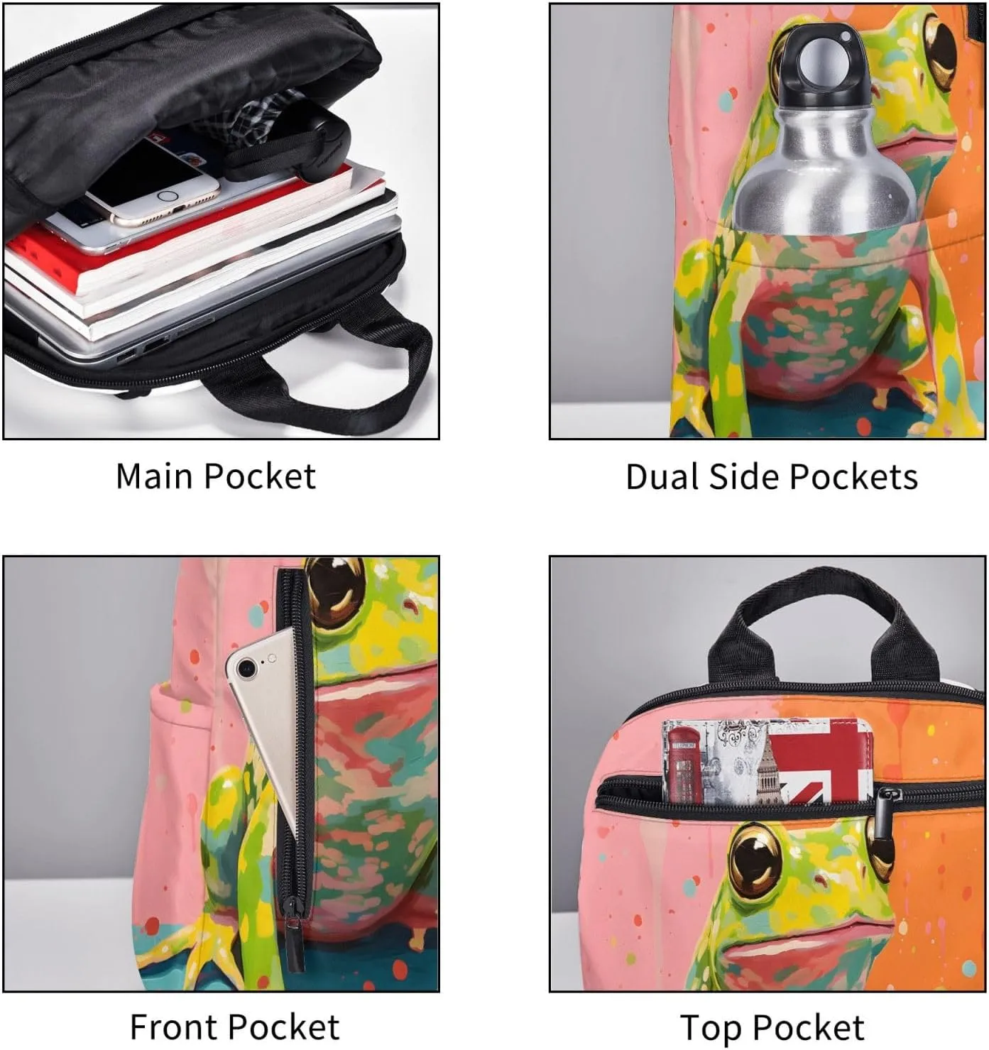 Backpack For Women Men Colorful Frog Art Painting Bookbag Lightweight Travel Casual Daypack Water Resistant Outdoor Hiking Sport Rucksack