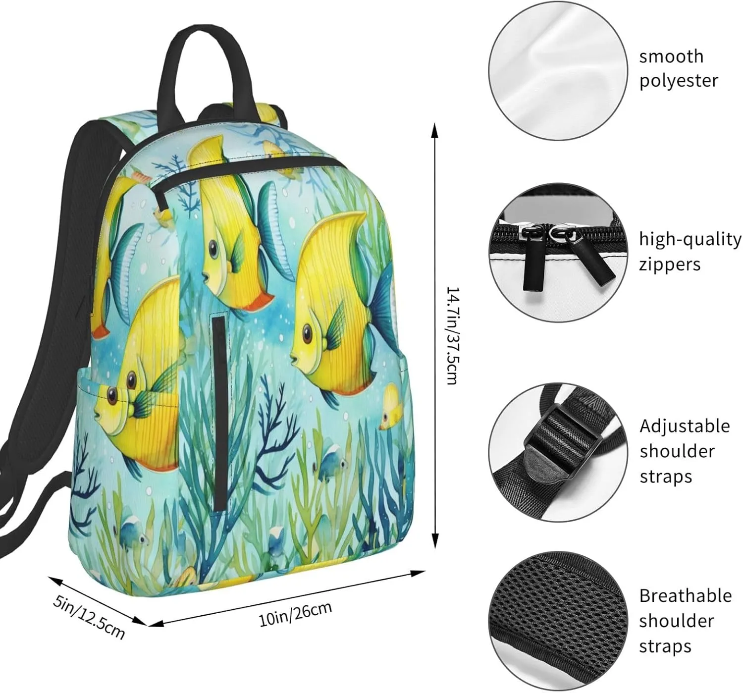 Backpack For Women Men Cute Tropical Fish Ocean Sea Watercolor Bookbag Lightweight Travel Casual Daypack Water Resistant Outdoor Hiking Sport Rucksack
