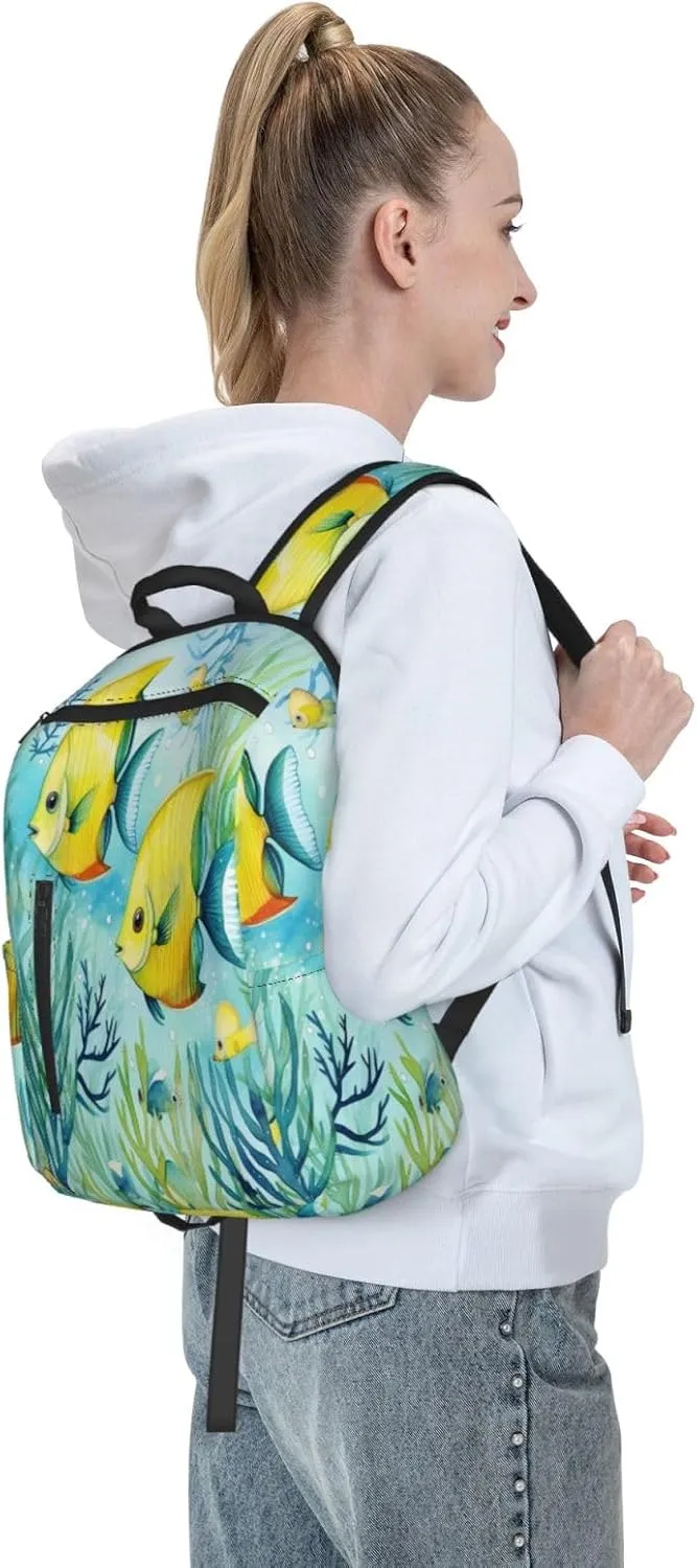 Backpack For Women Men Cute Tropical Fish Ocean Sea Watercolor Bookbag Lightweight Travel Casual Daypack Water Resistant Outdoor Hiking Sport Rucksack