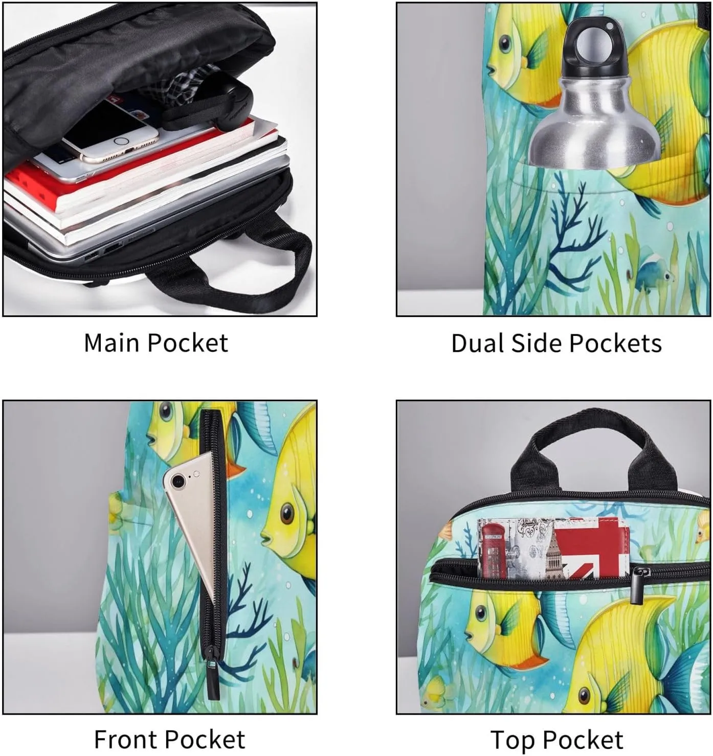 Backpack For Women Men Cute Tropical Fish Ocean Sea Watercolor Bookbag Lightweight Travel Casual Daypack Water Resistant Outdoor Hiking Sport Rucksack