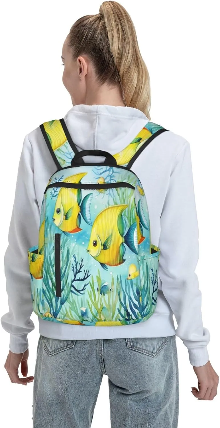 Backpack For Women Men Cute Tropical Fish Ocean Sea Watercolor Bookbag Lightweight Travel Casual Daypack Water Resistant Outdoor Hiking Sport Rucksack