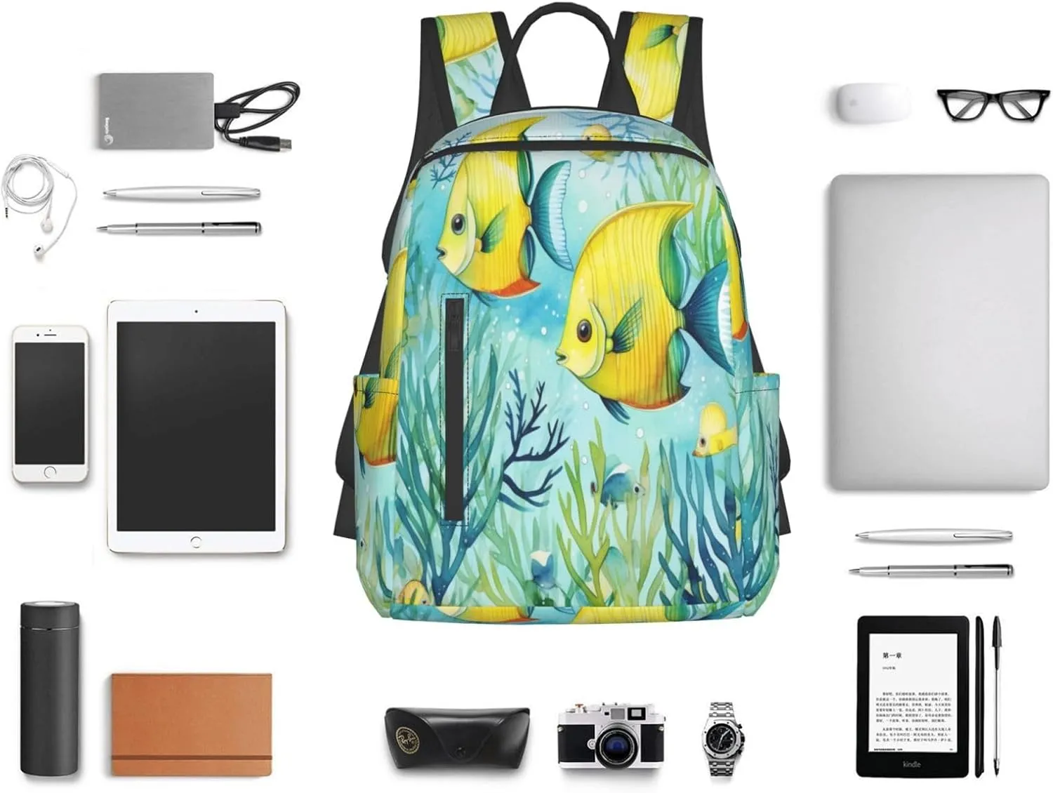 Backpack For Women Men Cute Tropical Fish Ocean Sea Watercolor Bookbag Lightweight Travel Casual Daypack Water Resistant Outdoor Hiking Sport Rucksack