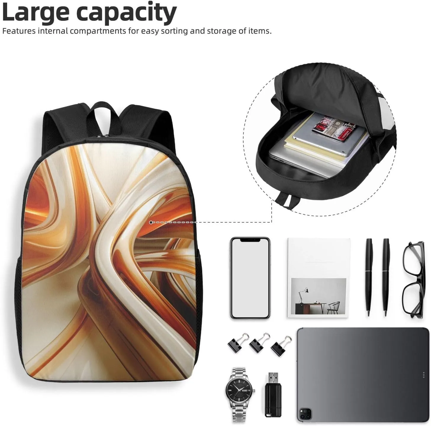 Backpack Orange White Lines Travel Casual Laptop Backpack 17 inch Waterproof Hiking Daypack for Men Women