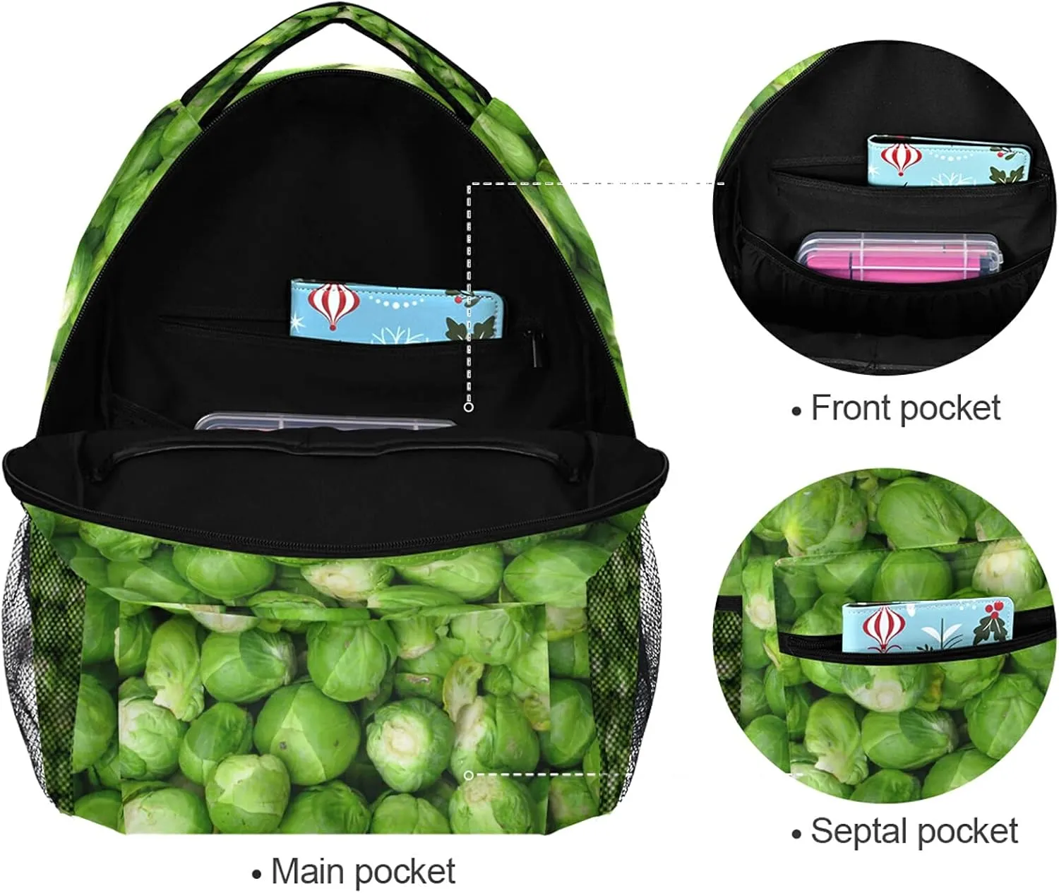 Backpack Travel Green Brussel Sprout Vegetables School Bookbags Shoulder Laptop Daypack College Bag for Womens Mens Boys Girls