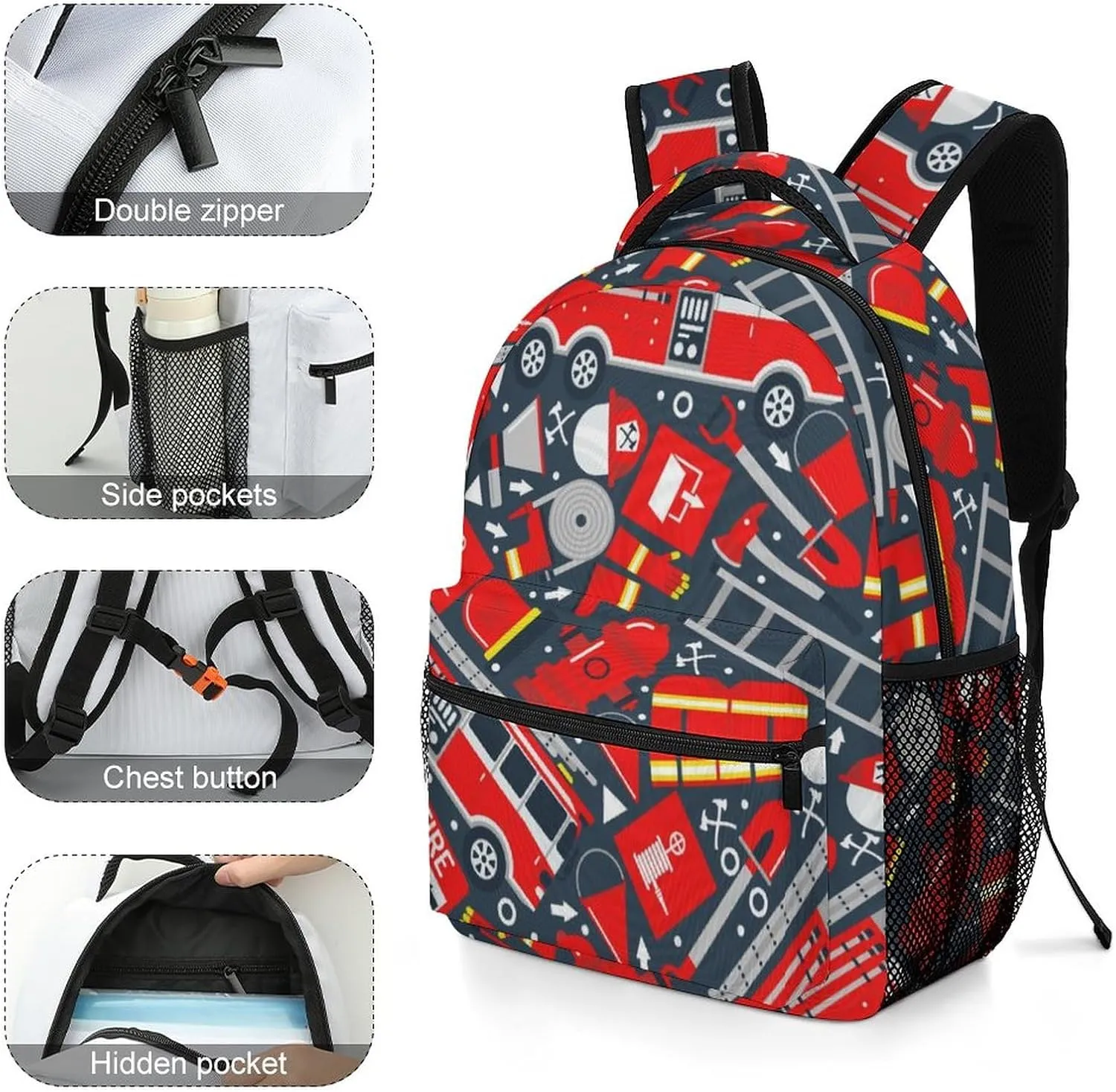 Backpack with Chest Strap Fire Truck Hydrant Lightweight Casual Daypack Flame Danger Travel Computer Notebooks Bag for Men Women