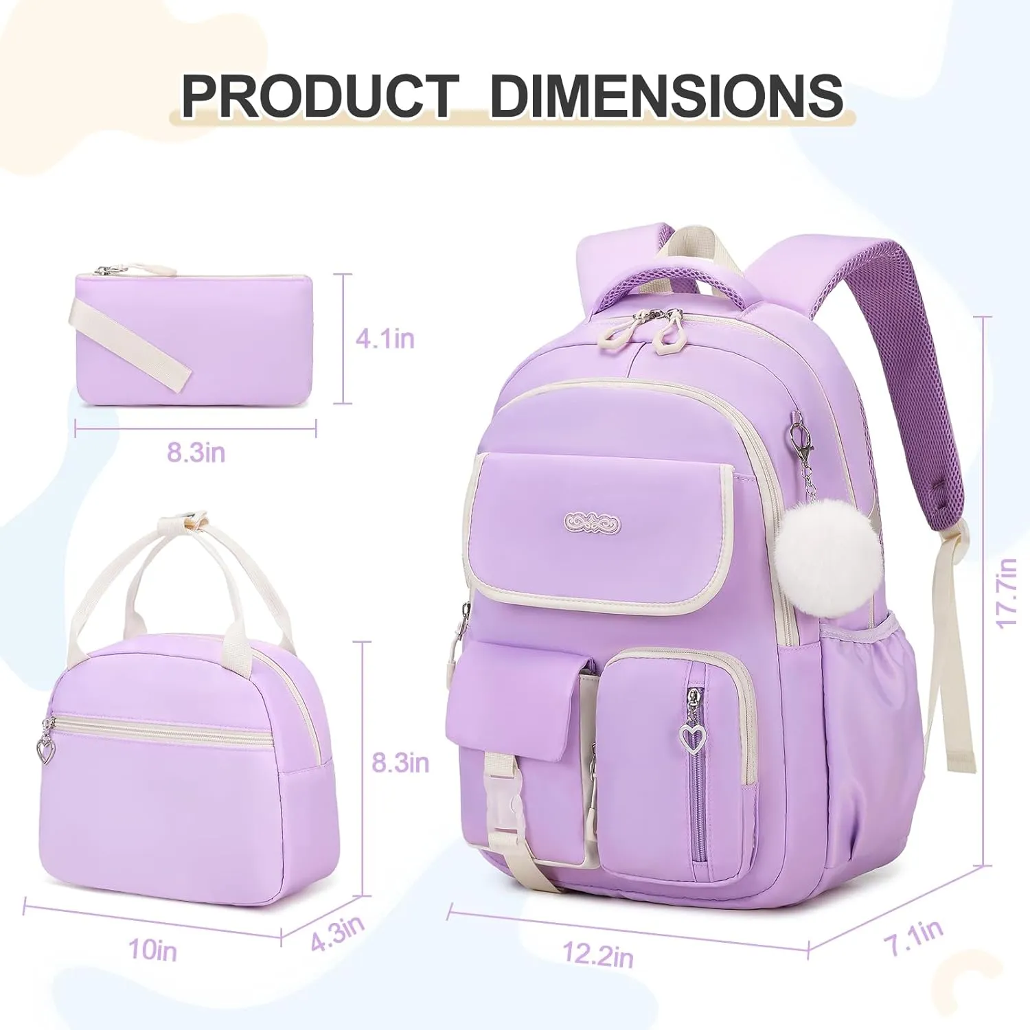Backpacks for Girls, 3PCS School Backpack with Lunch Box Pencil Pouch for Teen Girls Kids Elementary Primary Middle High College Daypack School bag Bookbag Set（Purple）