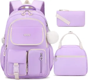 Backpacks for Girls, 3PCS School Backpack with Lunch Box Pencil Pouch for Teen Girls Kids Elementary Primary Middle High College Daypack School bag Bookbag Set（Purple）