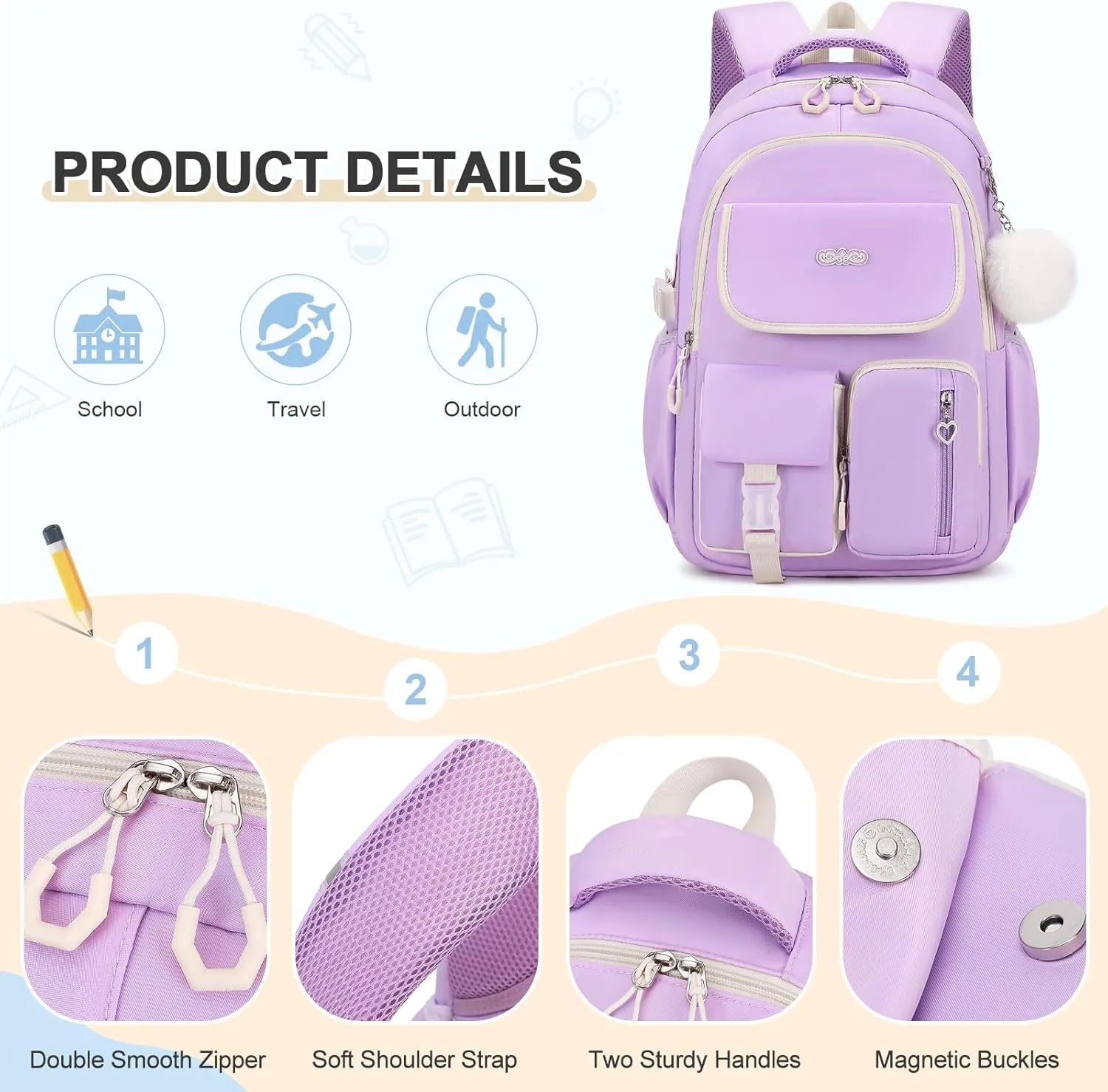 Backpacks for Girls, 3PCS School Backpack with Lunch Box Pencil Pouch for Teen Girls Kids Elementary Primary Middle High College Daypack School bag Bookbag Set（Purple）