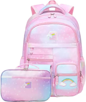 Backpacks for Girls, Kids Backpack School Bookbags with Insulated Lunch Box for School Elementary Girl, School Bag with Laptop Compartments Galaxy Pink
