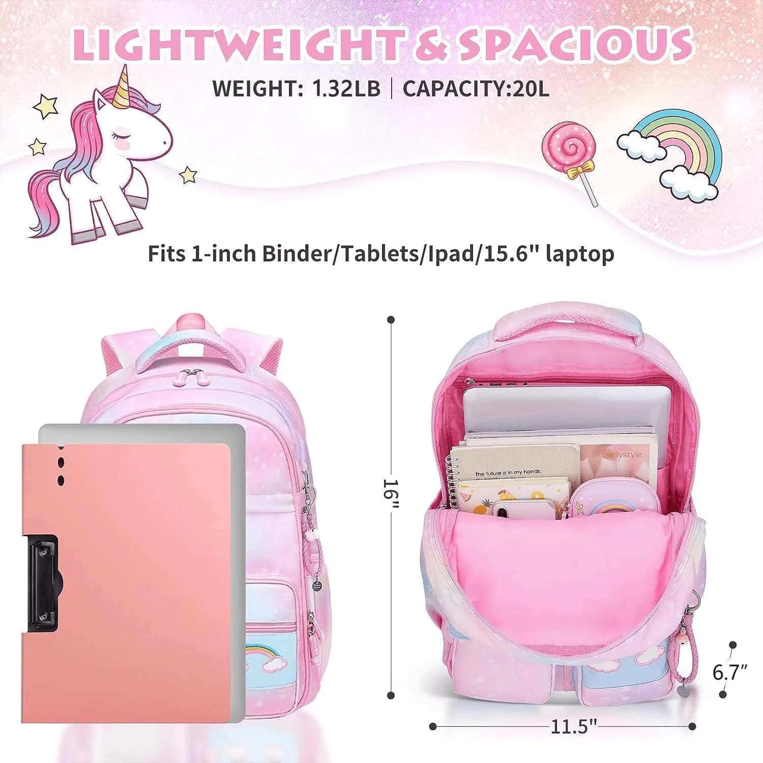 Backpacks for Girls, Kids Backpack School Bookbags with Insulated Lunch Box for School Elementary Girl, School Bag with Laptop Compartments Galaxy Pink