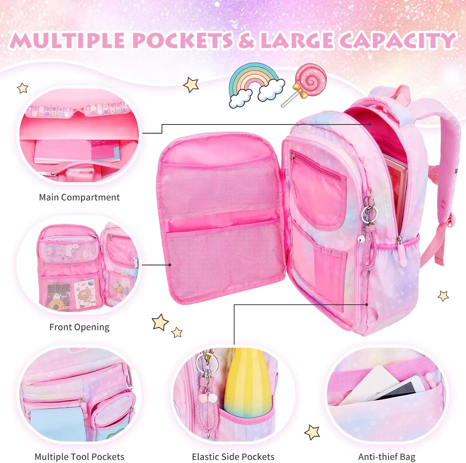 Backpacks for Girls, Kids Backpack School Bookbags with Insulated Lunch Box for School Elementary Girl, School Bag with Laptop Compartments Galaxy Pink