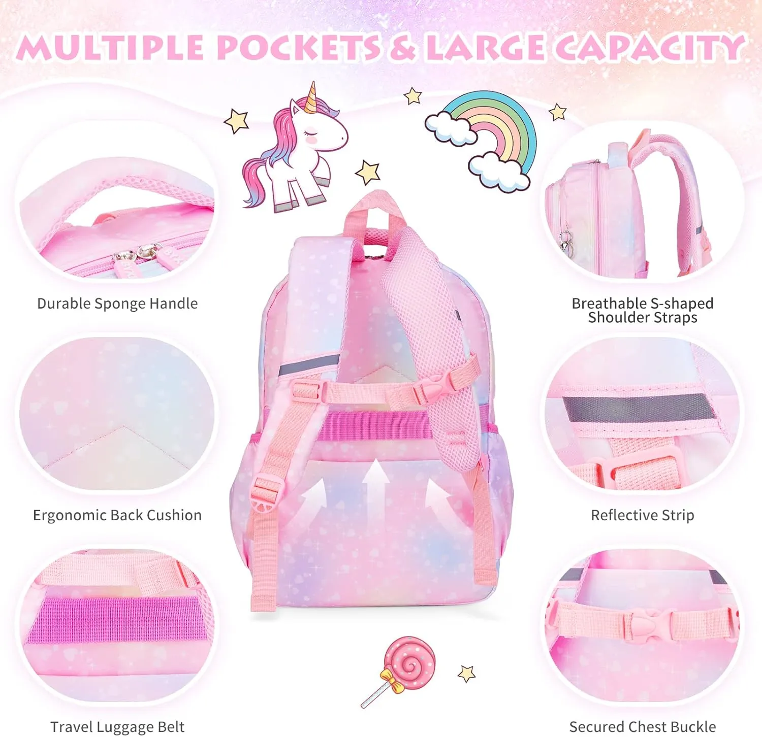 Backpacks for Girls, Kids Backpack School Bookbags with Insulated Lunch Box for School Elementary Girl, School Bag with Laptop Compartments Galaxy Pink