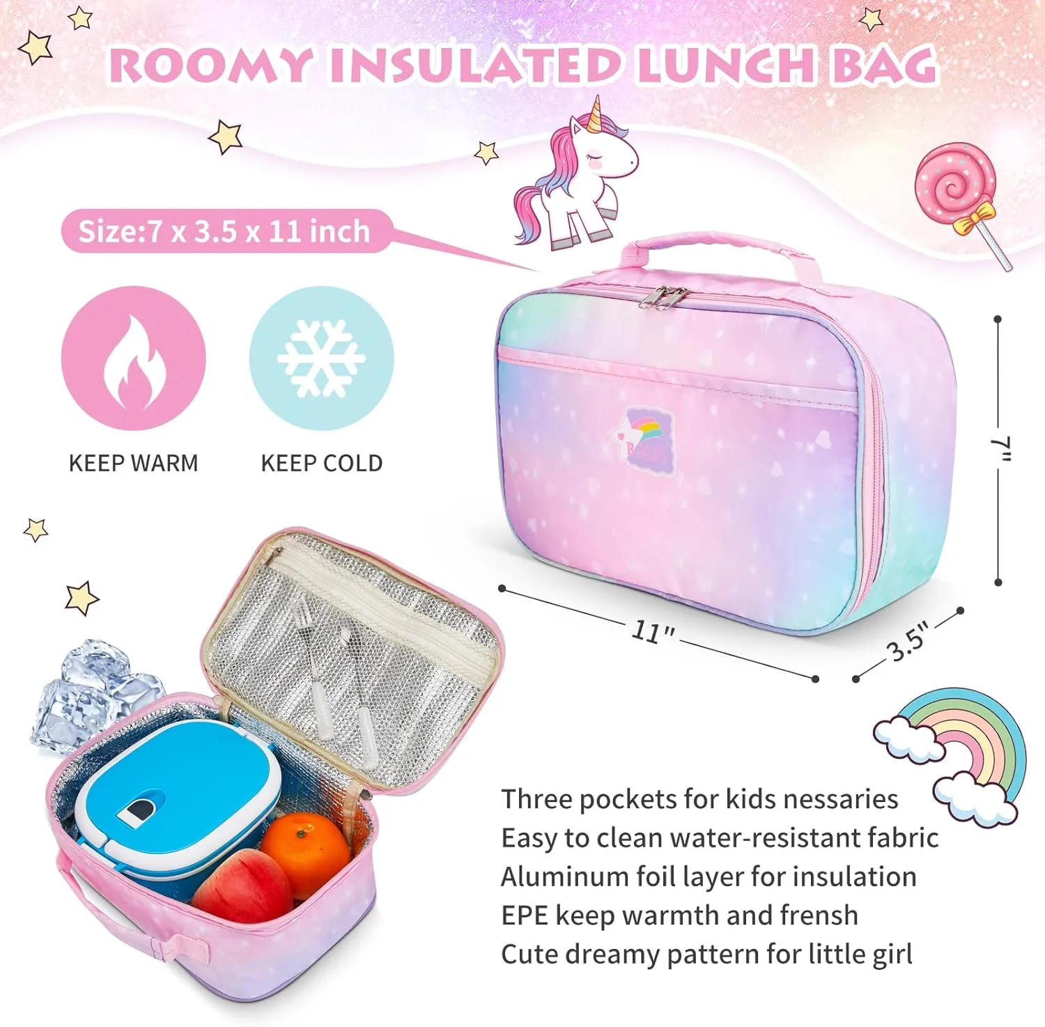 Backpacks for Girls, Kids Backpack School Bookbags with Insulated Lunch Box for School Elementary Girl, School Bag with Laptop Compartments Galaxy Pink