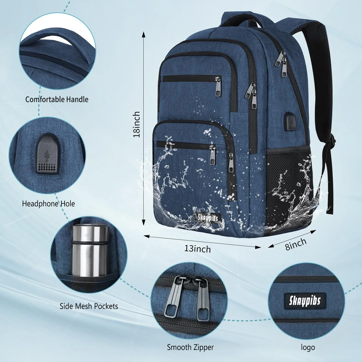 Backpck for Men Women, School backpacks for Teen Boys, 15.6 inch Laptop Back Packs with USB Charger Port, Mochilas for Business, College Blue