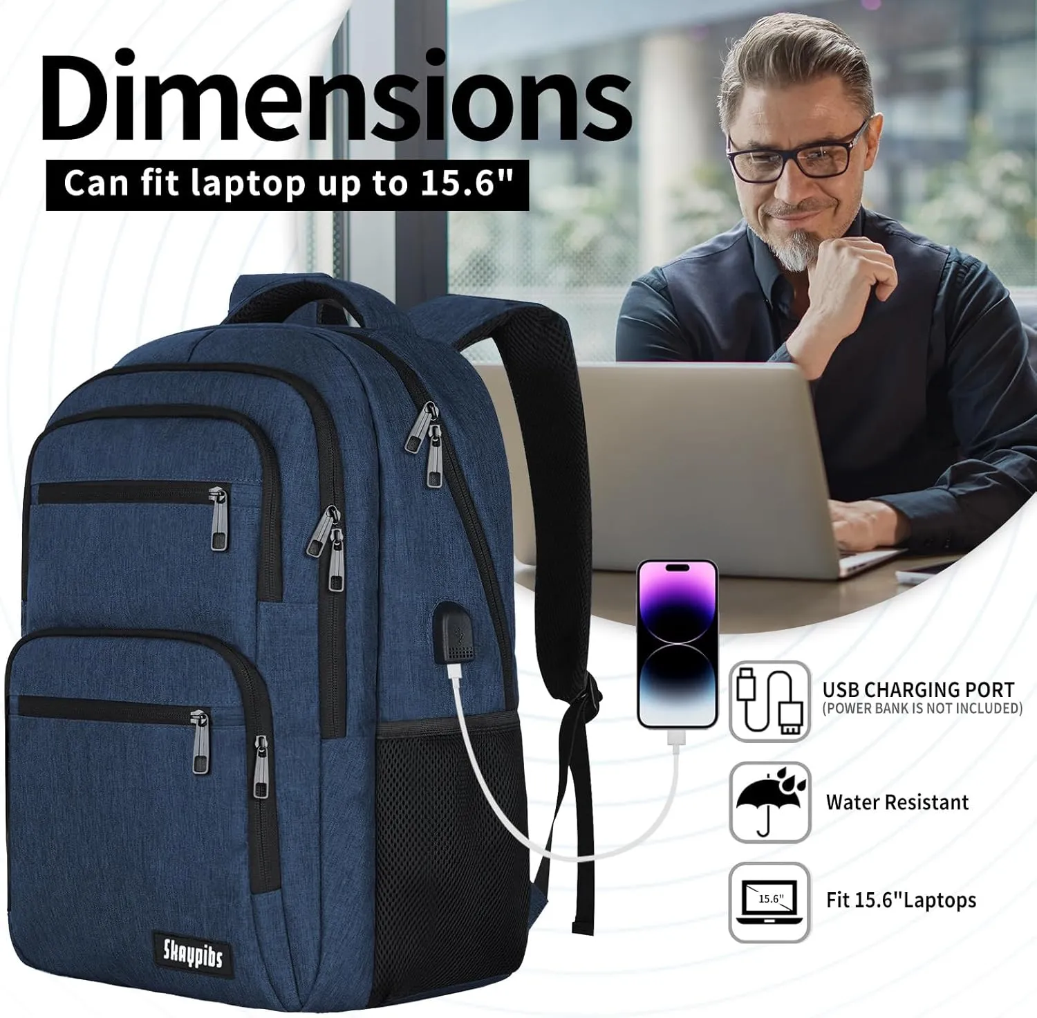 Backpck for Men Women, School backpacks for Teen Boys, 15.6 inch Laptop Back Packs with USB Charger Port, Mochilas for Business, College Blue
