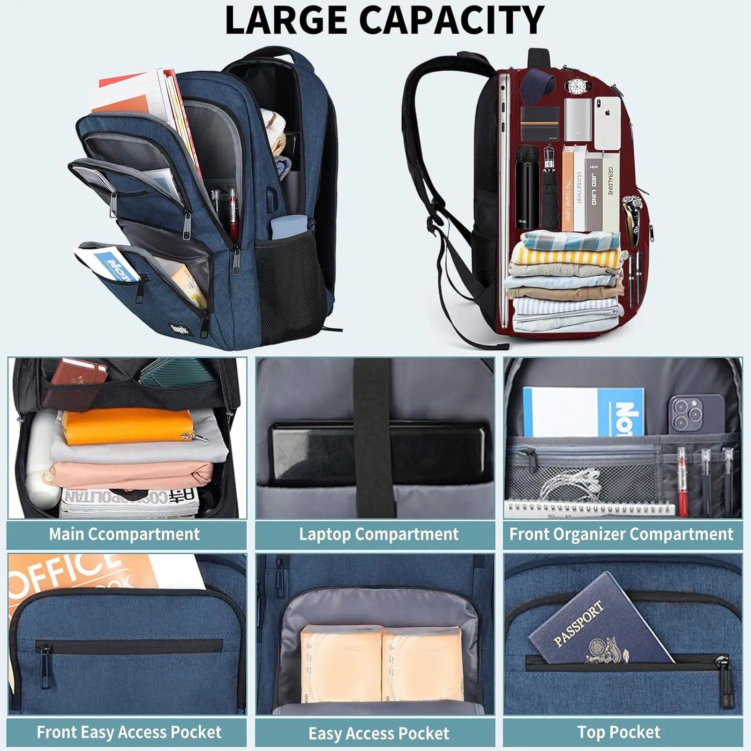Backpck for Men Women, School backpacks for Teen Boys, 15.6 inch Laptop Back Packs with USB Charger Port, Mochilas for Business, College Blue
