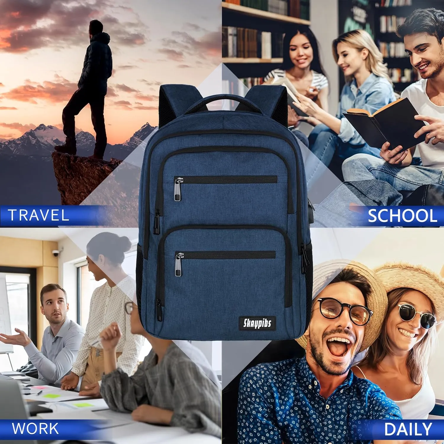 Backpck for Men Women, School backpacks for Teen Boys, 15.6 inch Laptop Back Packs with USB Charger Port, Mochilas for Business, College Blue