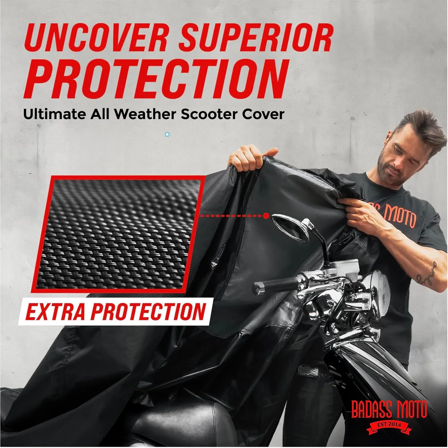 Badass Moto Scooter Cover Waterproof Outdoor Fits Vespa Covers, Accessories, Ruckus Moped Cover, Yamaha Zuma, Fits Honda Super Cub, Metropolitan, Primavera. Heavy Duty Sun Protection for 50-300cc Gray