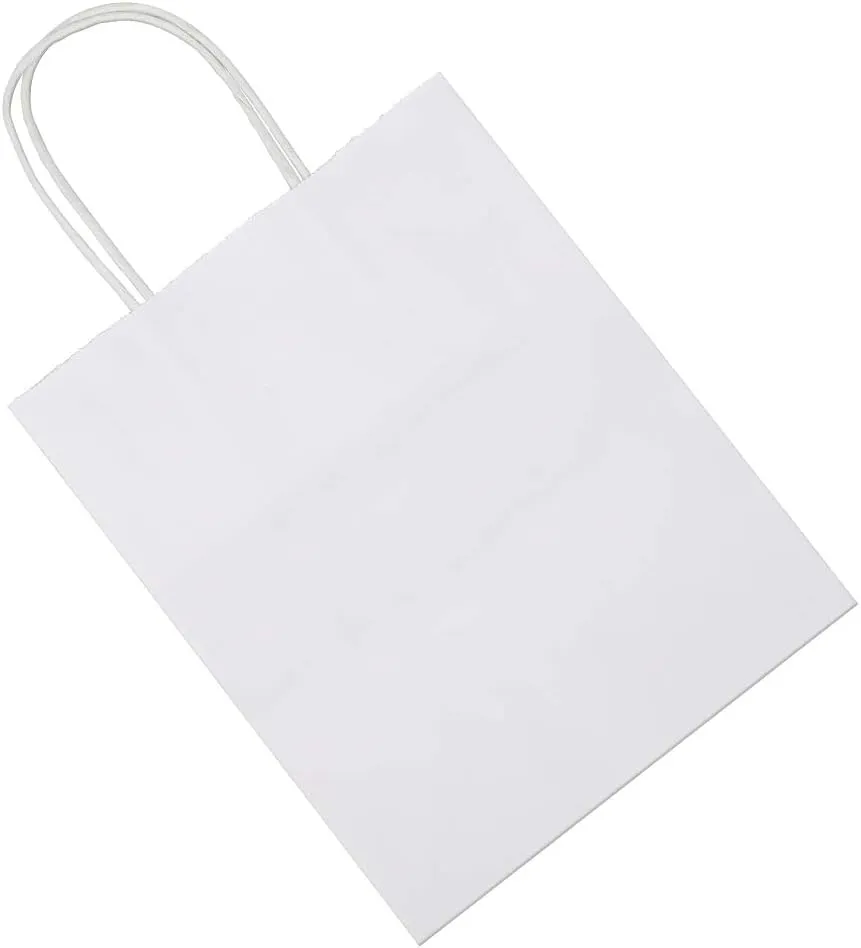 bagmad 50 Pack Sturdy Medium White Gift Paper Bags with Handles Bulk, Kraft Bags 8x4.75x10 Inch, Craft Grocery Shopping Retail Party Favors Wedding Business Sacks (White, 50pcs)