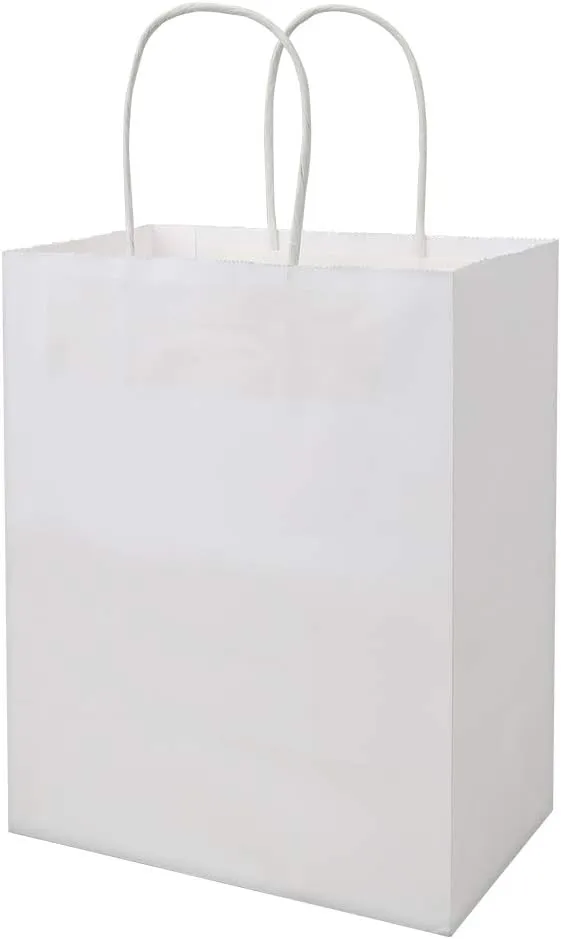 bagmad 50 Pack Sturdy Medium White Gift Paper Bags with Handles Bulk, Kraft Bags 8x4.75x10 Inch, Craft Grocery Shopping Retail Party Favors Wedding Business Sacks (White, 50pcs)