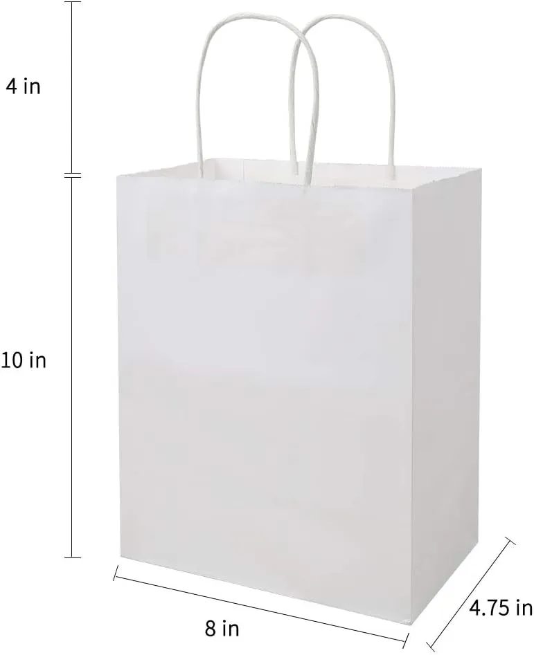bagmad 50 Pack Sturdy Medium White Gift Paper Bags with Handles Bulk, Kraft Bags 8x4.75x10 Inch, Craft Grocery Shopping Retail Party Favors Wedding Business Sacks (White, 50pcs)