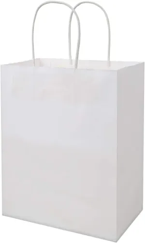 bagmad 50 Pack Sturdy Medium White Gift Paper Bags with Handles Bulk, Kraft Bags 8x4.75x10 Inch, Craft Grocery Shopping Retail Party Favors Wedding Business Sacks (White, 50pcs)