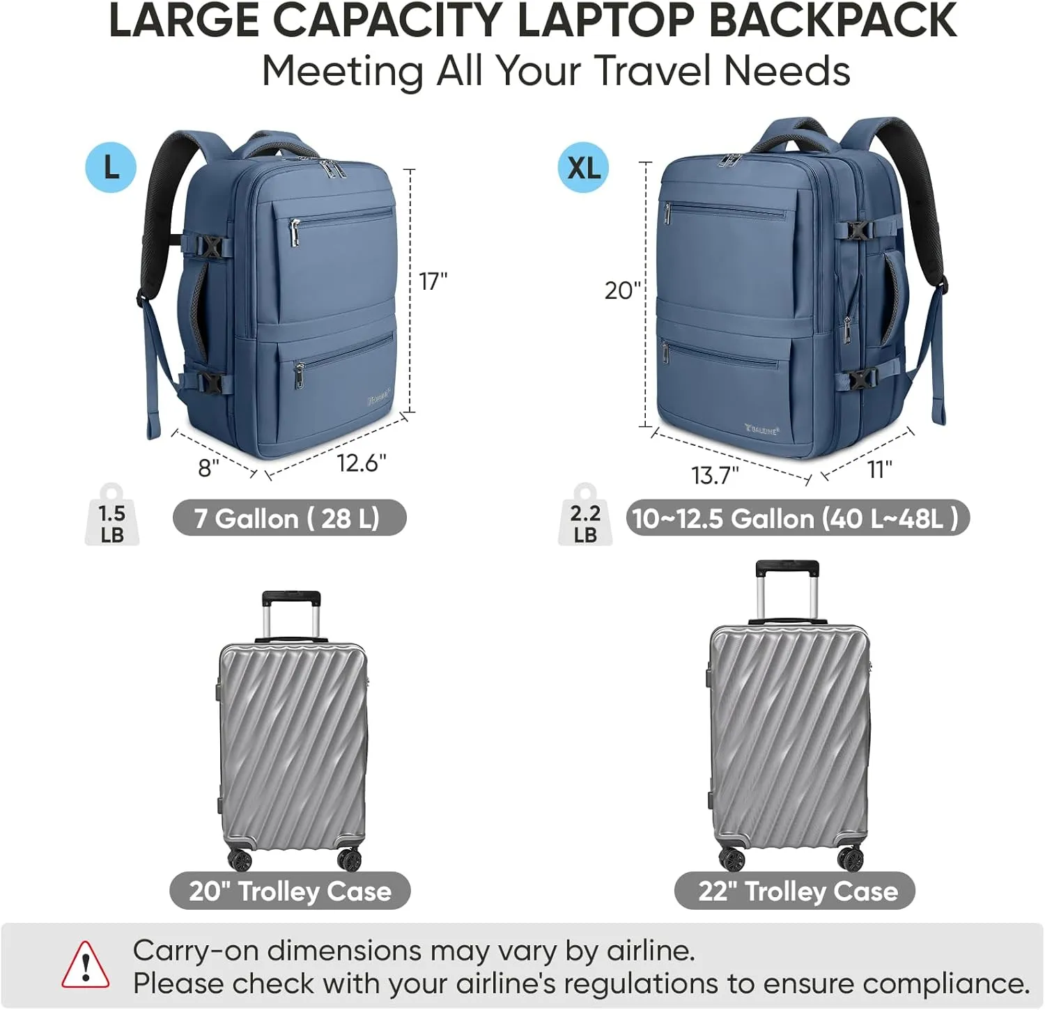 BALEINE Travel Backpack for Women Men, Large Sturdy Carry On Laptop Backpack Gifts for Business, Casual, Weekender, Hiking (XL, Dusty Blue)