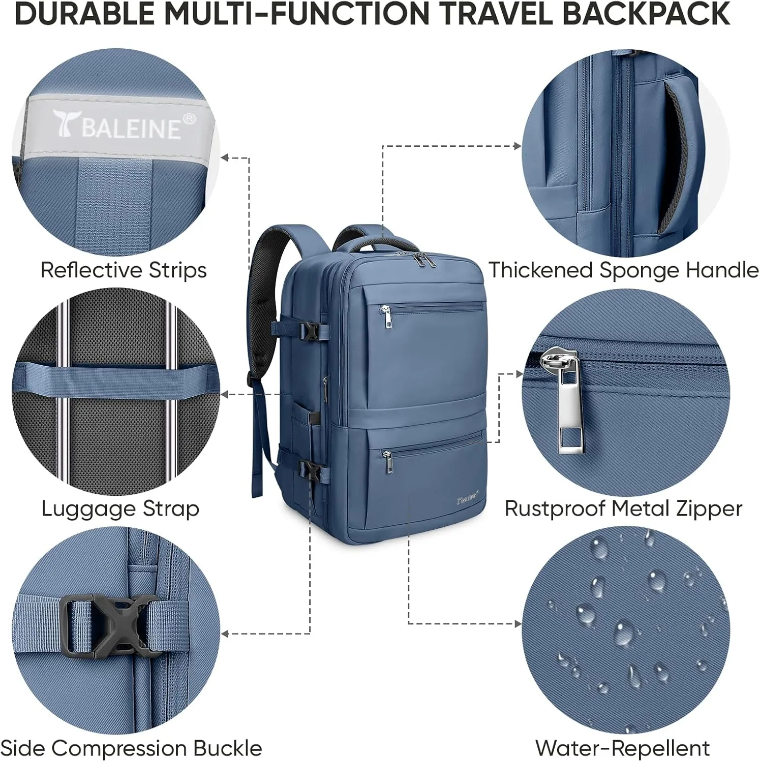 BALEINE Travel Backpack for Women Men, Large Sturdy Carry On Laptop Backpack Gifts for Business, Casual, Weekender, Hiking (XL, Dusty Blue)