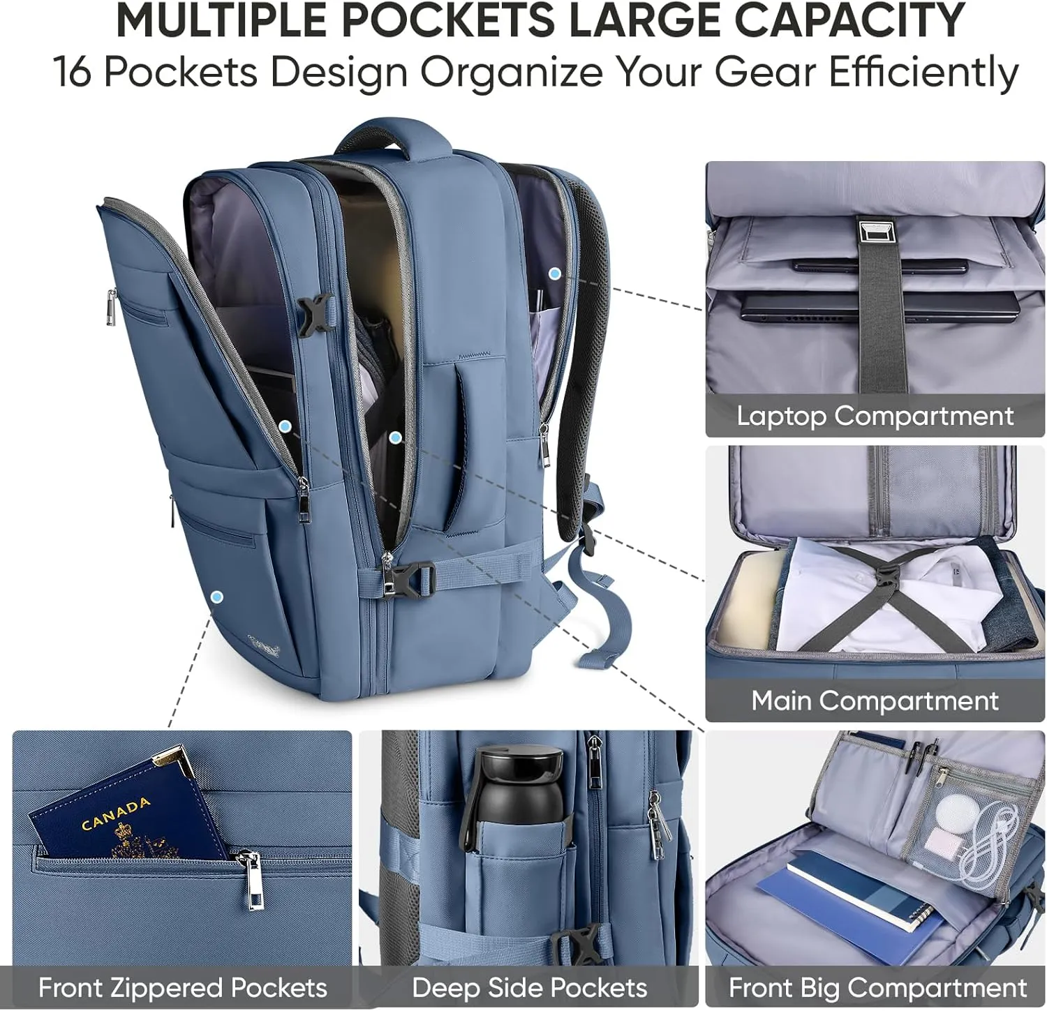BALEINE Travel Backpack for Women Men, Large Sturdy Carry On Laptop Backpack Gifts for Business, Casual, Weekender, Hiking (XL, Dusty Blue)