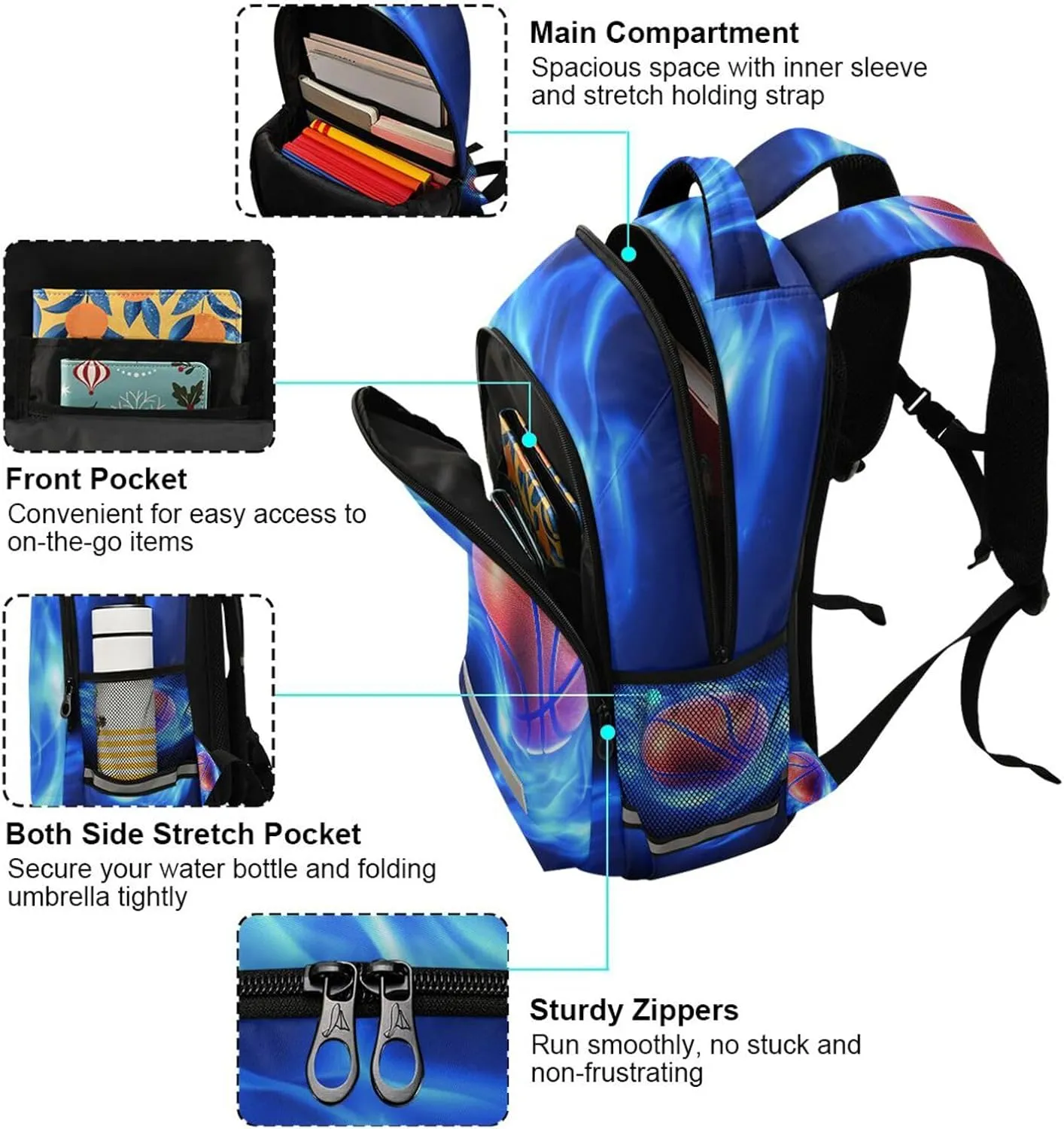 Basketball Blue Fire Backpack for Boys Girls Elementary School Bag Kids Travel Bags Casual Rucksack Laptop Bookbag