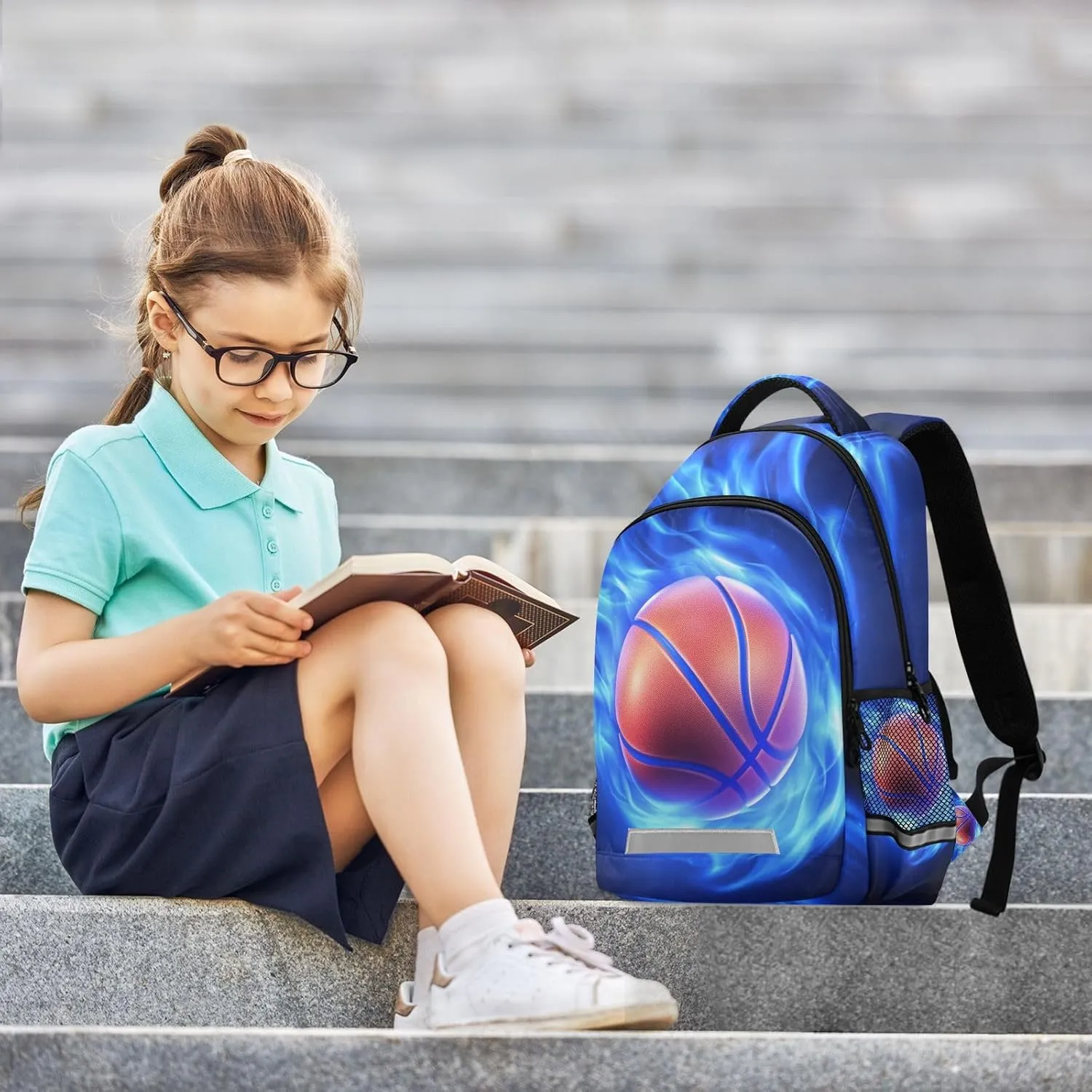 Basketball Blue Fire Backpack for Boys Girls Elementary School Bag Kids Travel Bags Casual Rucksack Laptop Bookbag