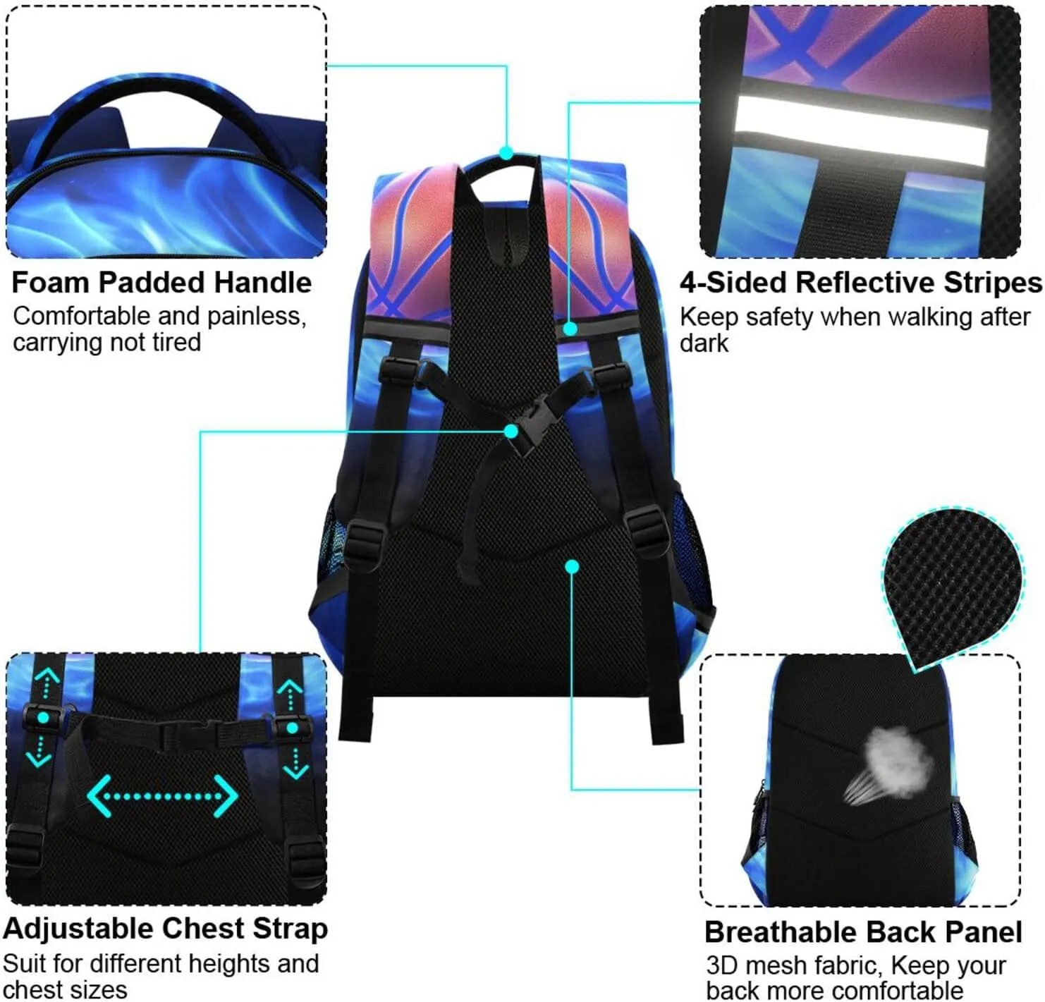 Basketball Blue Fire Backpack for Boys Girls Elementary School Bag Kids Travel Bags Casual Rucksack Laptop Bookbag