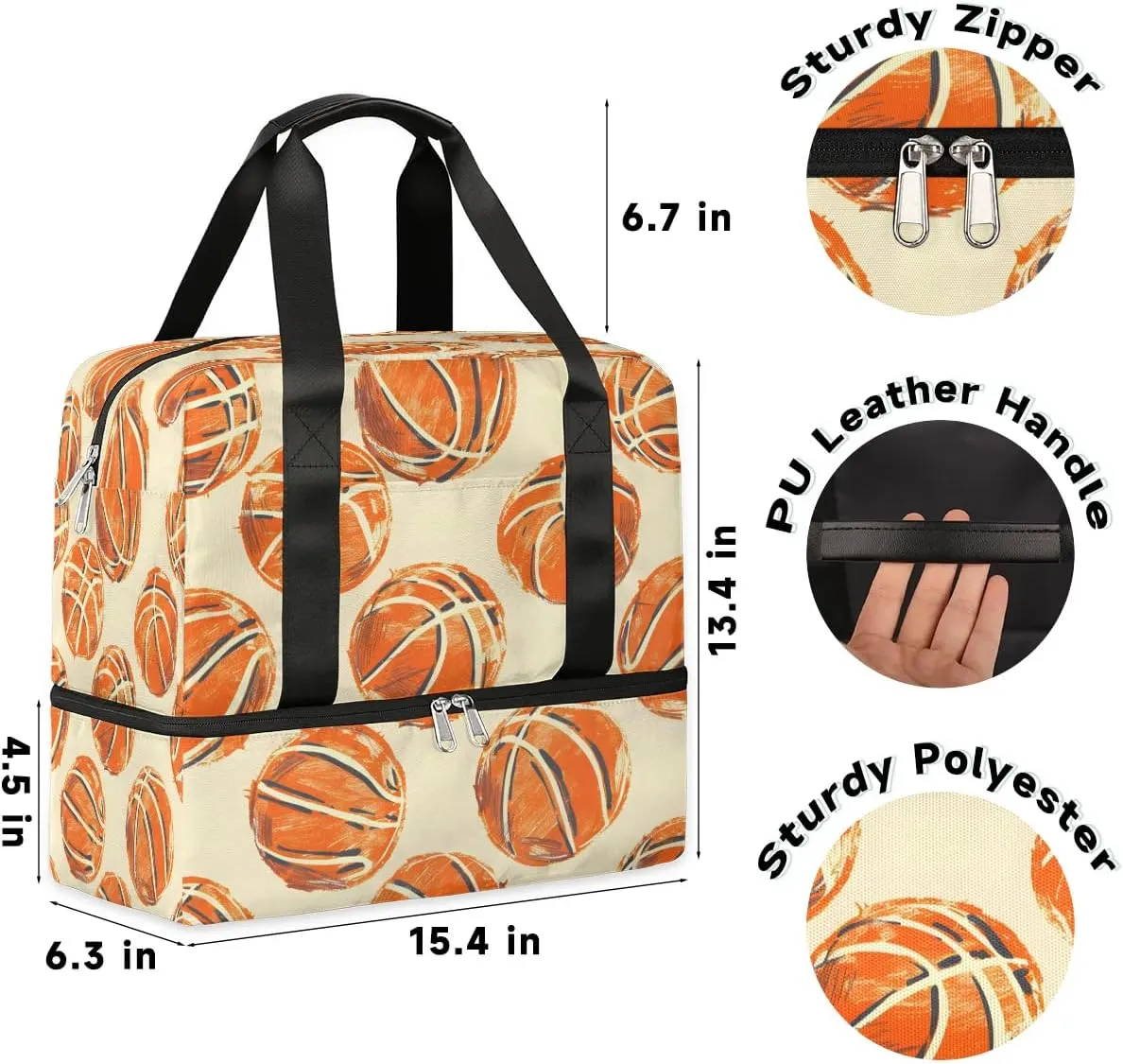 Basketballs Printed Travel Duffel Bag Dry Wet Separated Sports Tote Travel Duffle Bag Gym Workout Bag Women Travel Duffel Bag for Women, Travel, Gym, Work