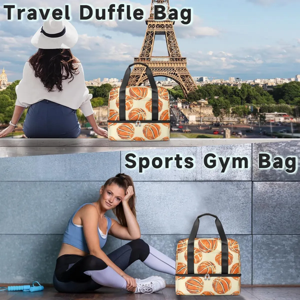 Basketballs Printed Travel Duffel Bag Dry Wet Separated Sports Tote Travel Duffle Bag Gym Workout Bag Women Travel Duffel Bag for Women, Travel, Gym, Work
