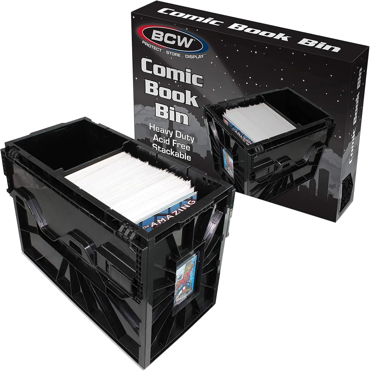 BCW Comic Bin, Black - Holds 150 Comics, Acid Free Storage and Organizer, Heavy Duty Plastic, Stackable, Includes Partition