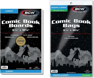BCW Resealable Current Comic Book Combo Pack | 100 Acid-Free Backing Boards & 100 Resealable Bags | Comic Book Storage & Protection | Fits Current Comics | Archival Quality | Standard 6 7/8 x 10 1/2