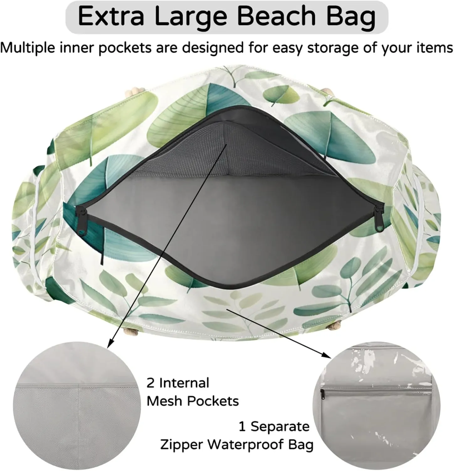 Beach Bags for Women and Men Extra Large Waterproof Sandproof Zipper Travel Tote Bag