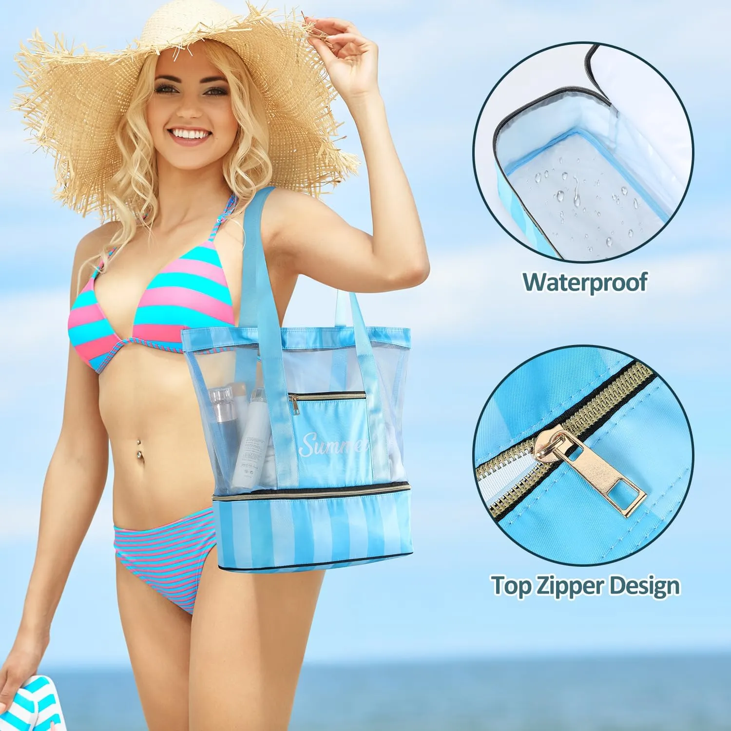 Beach Bags for Women - Dry/Wet Separation Mesh Large Beach Bag, Tote Bag for Women Swim Gym