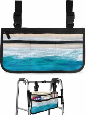 Beach Coastal Wheelchair Side Bag Walker Bag, Aqua Ocean Ombre Sea Waves Seawater Wheelchair Armrest Accessories Organizer Pouch for Walkers, Rollators, Scooters, 7.3''x13''