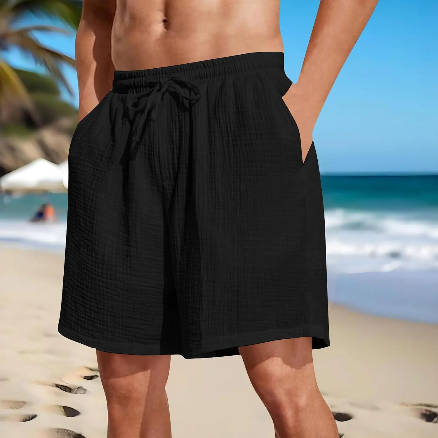Beach Shorts for Men 5 Inch Textured Elastic Waist Drawstring Workout Running Jogging Active Wear with Pockets 2025
