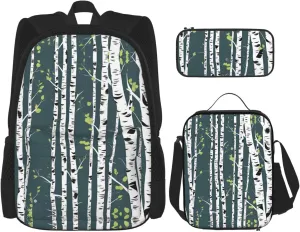 Beauty Birch Tree Print Travel Backpack For Women 3-Piece Set With Insulated Lunch Box,For Outdoor Travel