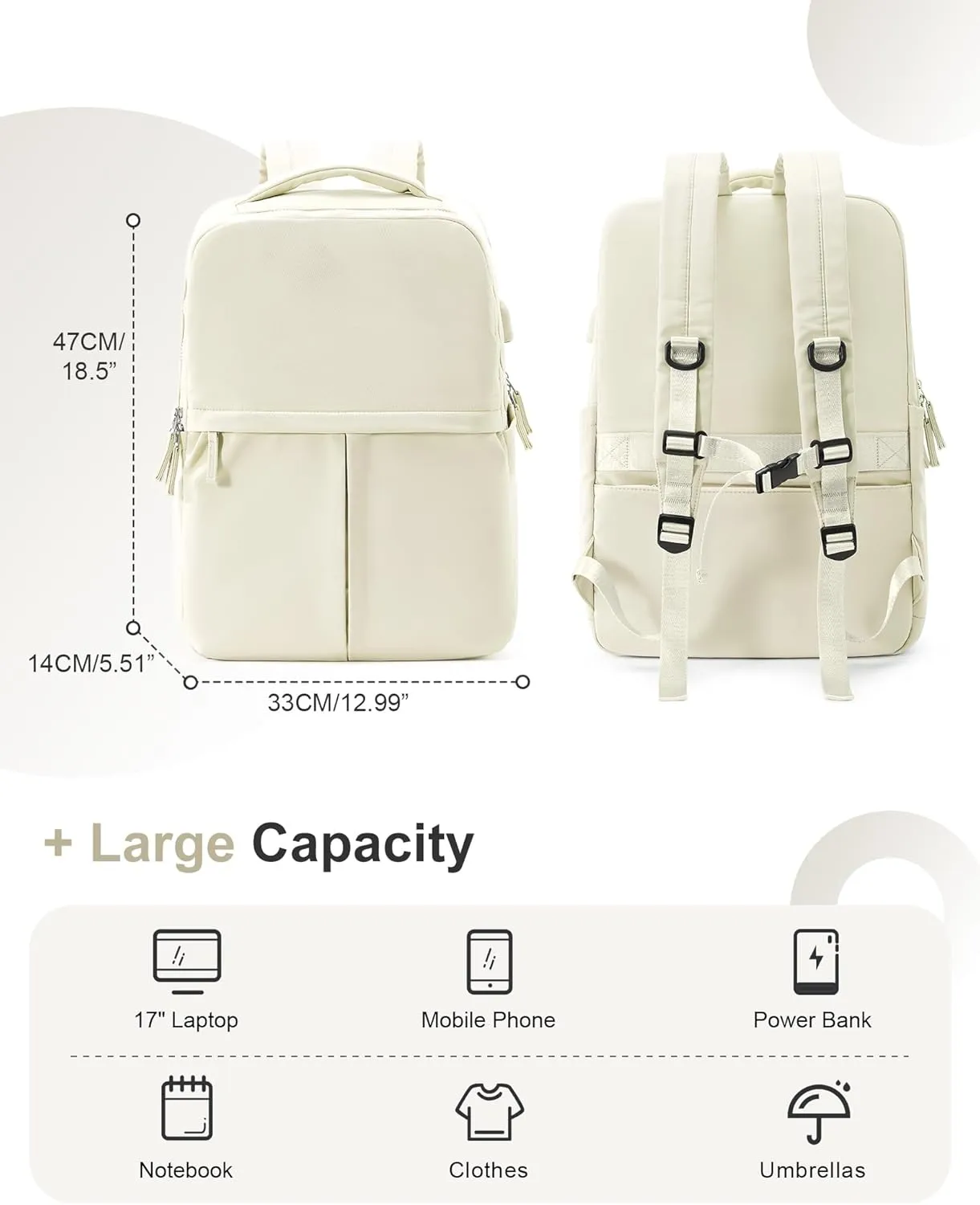 Beige Large Travel Backpack For Women Laptop Backpack Carry On Backpack For Airplanes College Backpacks For Women Men Waterproof Gym Work Backpack For Travel