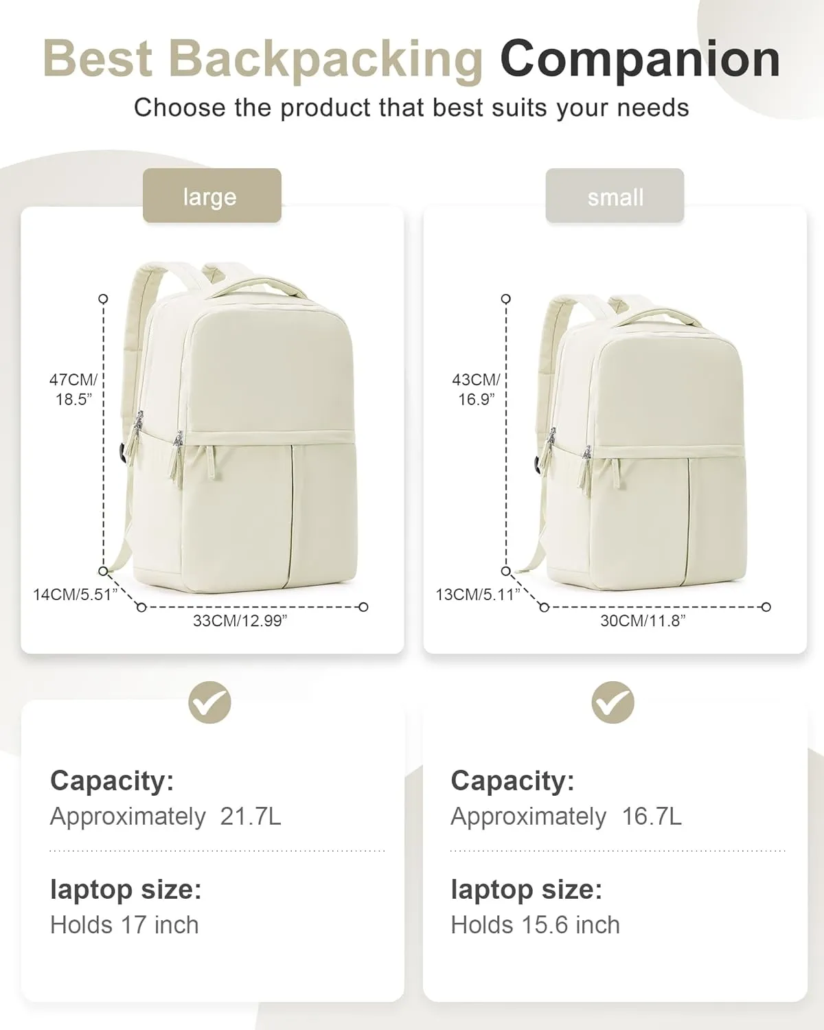 Beige Large Travel Backpack For Women Laptop Backpack Carry On Backpack For Airplanes College Backpacks For Women Men Waterproof Gym Work Backpack For Travel