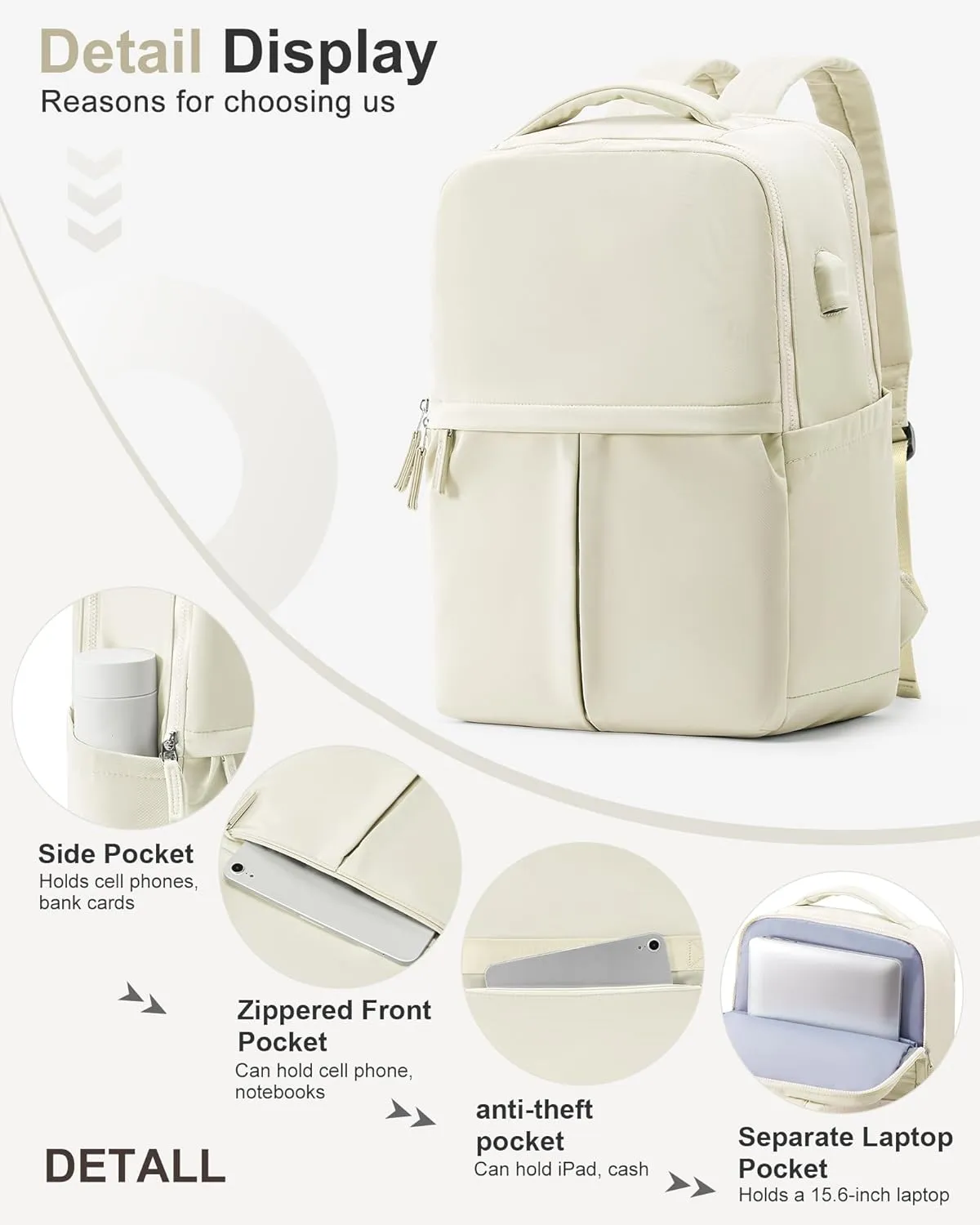 Beige Large Travel Backpack For Women Laptop Backpack Carry On Backpack For Airplanes College Backpacks For Women Men Waterproof Gym Work Backpack For Travel