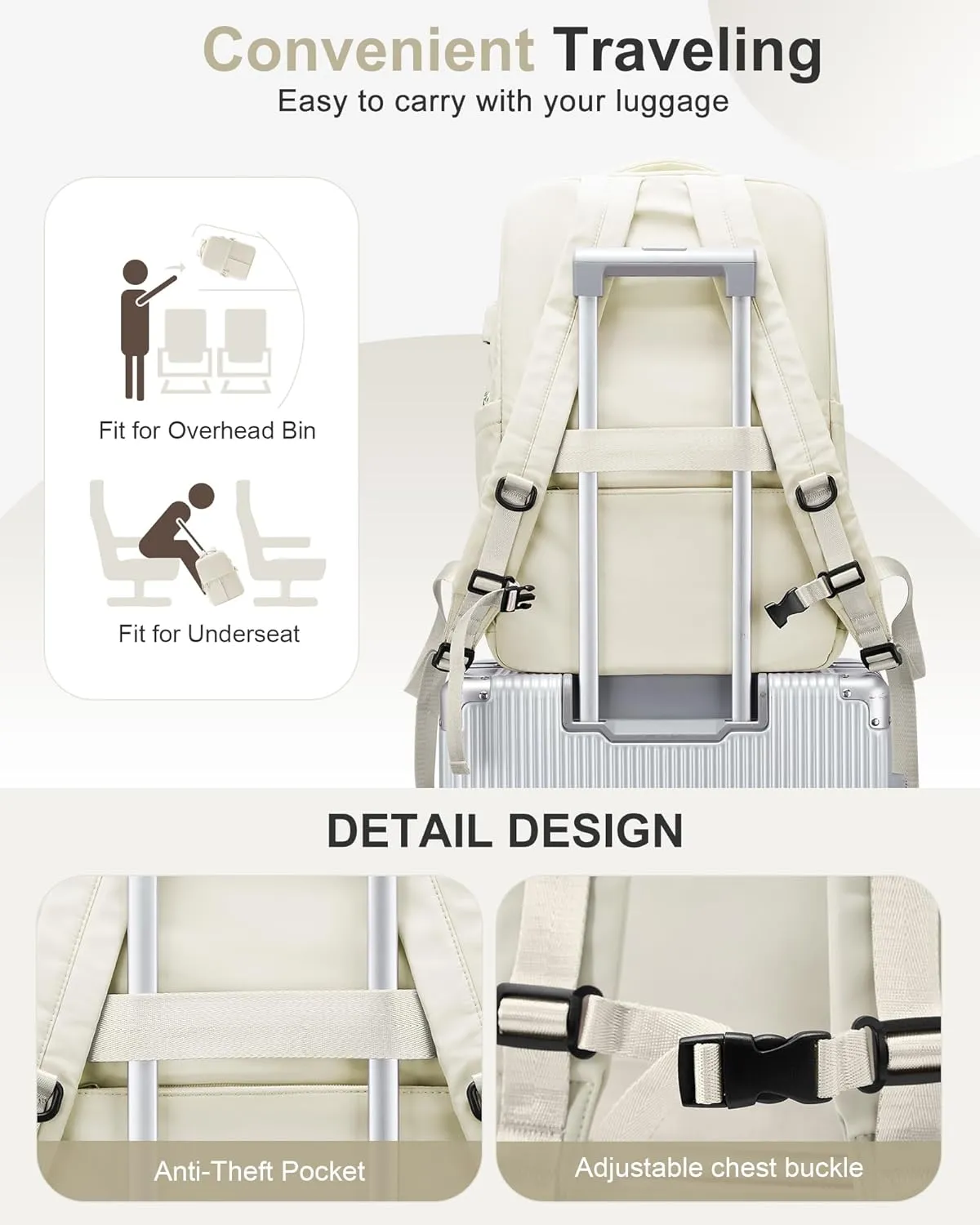 Beige Large Travel Backpack For Women Laptop Backpack Carry On Backpack For Airplanes College Backpacks For Women Men Waterproof Gym Work Backpack For Travel