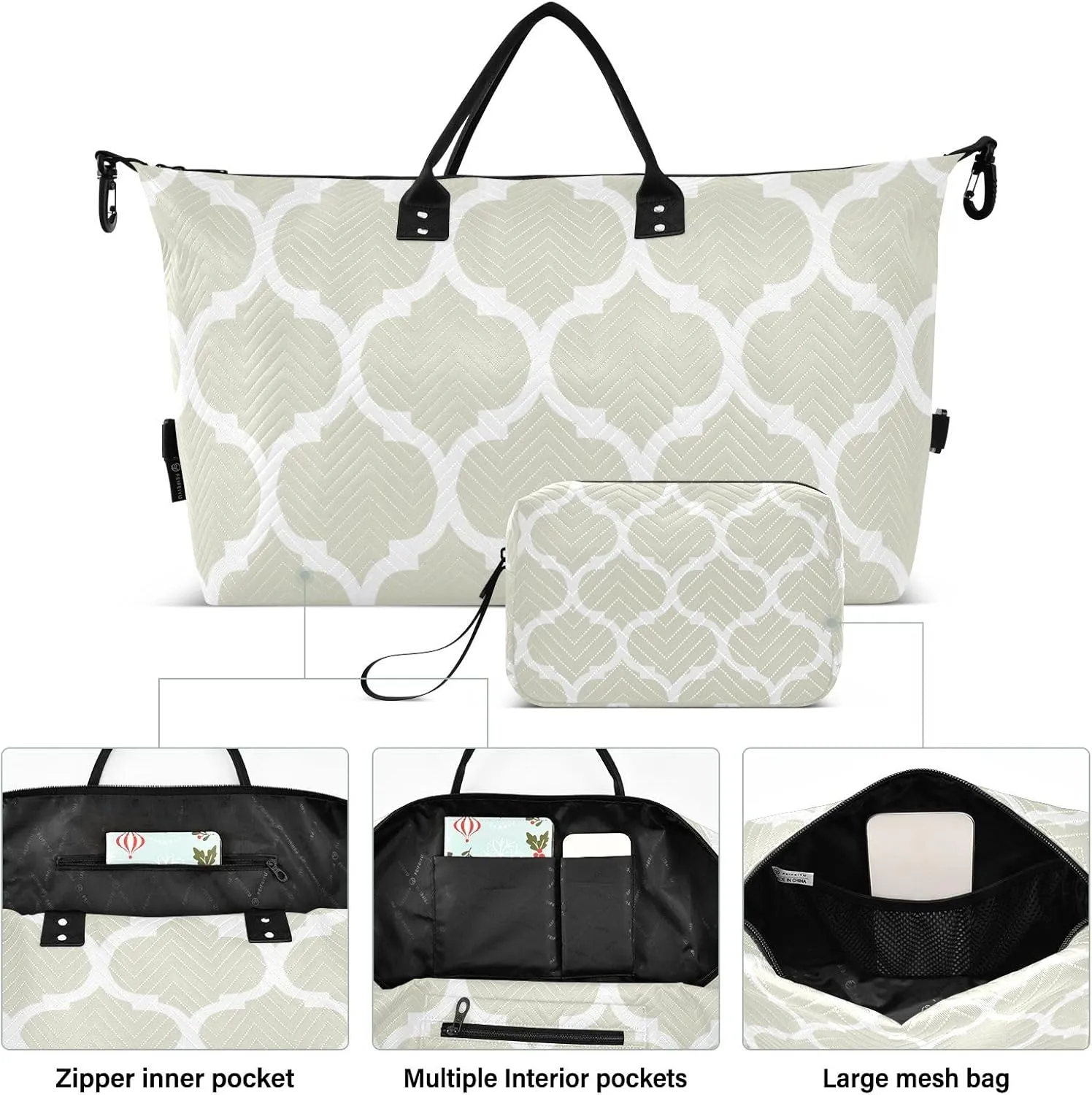 Beige Moroccan Sports Gym Bag for Women Men Travel Duffel Bag Weekend Overnight Carry on Bag with Toiletry Bag Air Travel Bag for Plane Hospital Workout Swimming Yoga