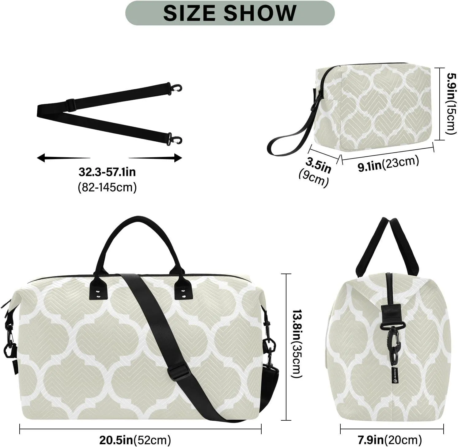 Beige Moroccan Sports Gym Bag for Women Men Travel Duffel Bag Weekend Overnight Carry on Bag with Toiletry Bag Air Travel Bag for Plane Hospital Workout Swimming Yoga