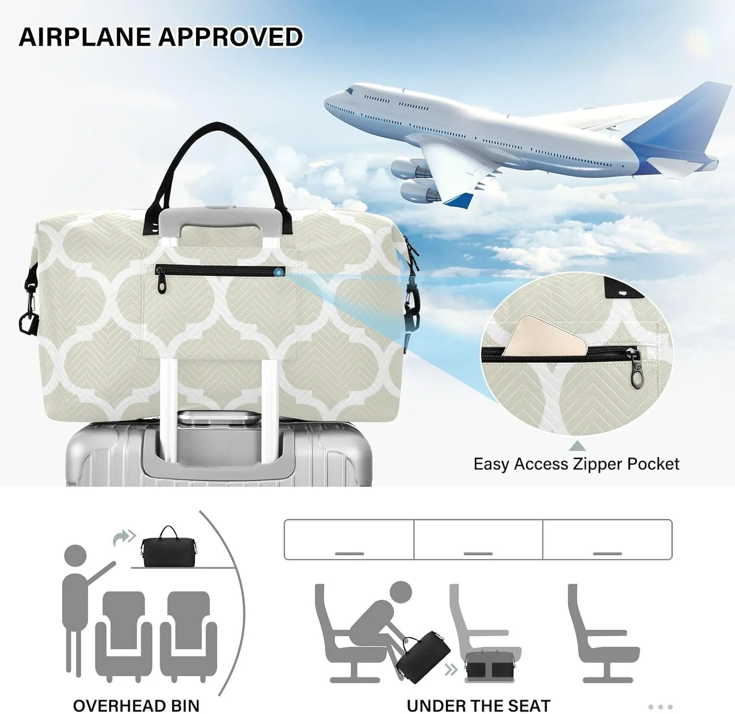 Beige Moroccan Sports Gym Bag for Women Men Travel Duffel Bag Weekend Overnight Carry on Bag with Toiletry Bag Air Travel Bag for Plane Hospital Workout Swimming Yoga